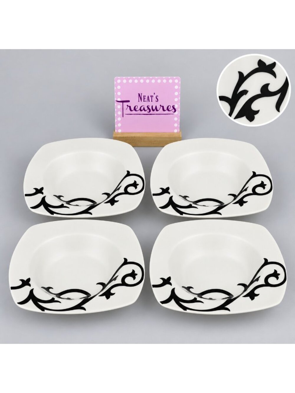Coventry SCROLL BLACK White Porcelain Square No Trim Large Rim Soup Bowls Set 4